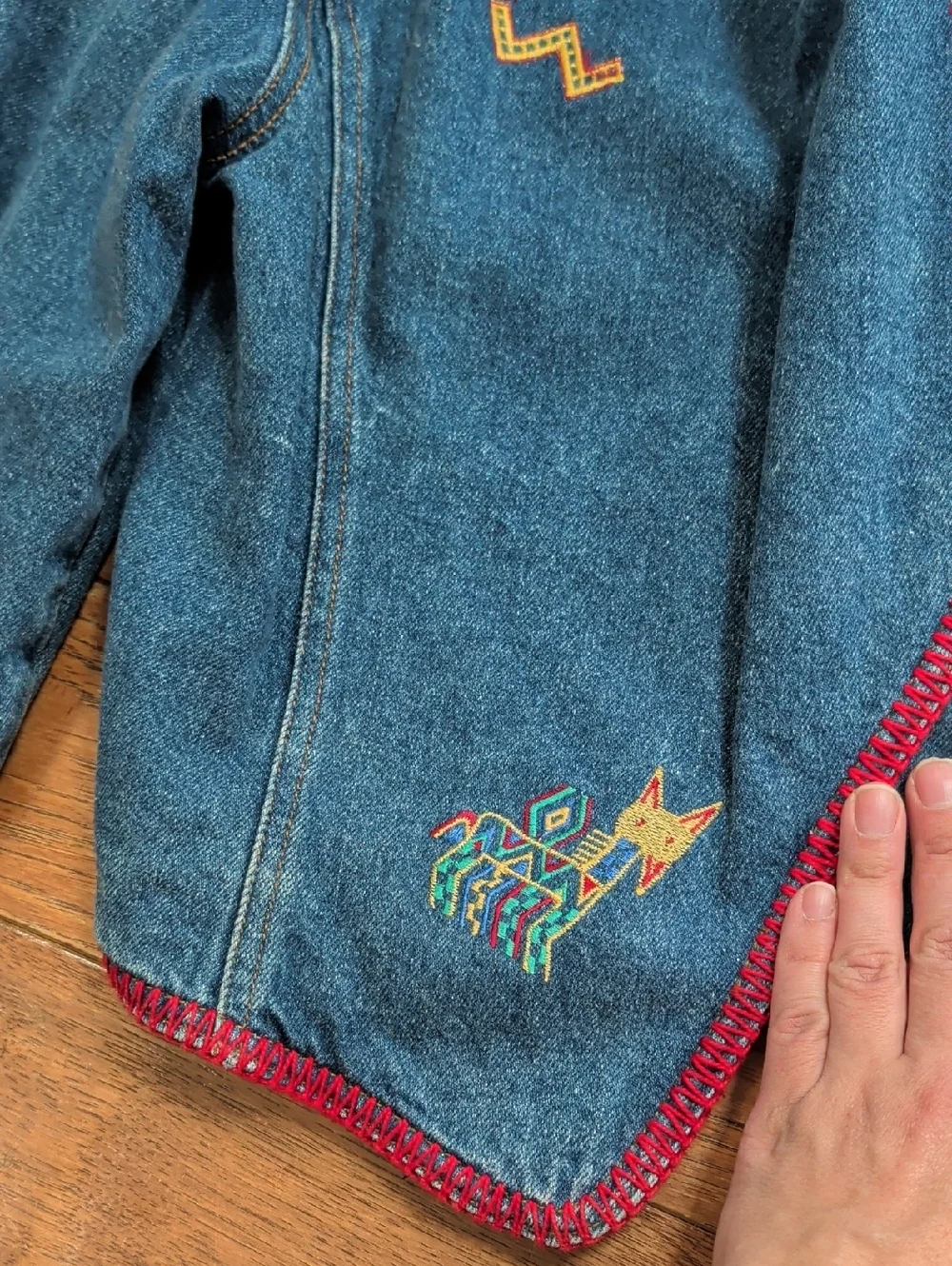 An Original Rickie Vintage Aztec Western Equestrian Denim Jacket with Red Trim
